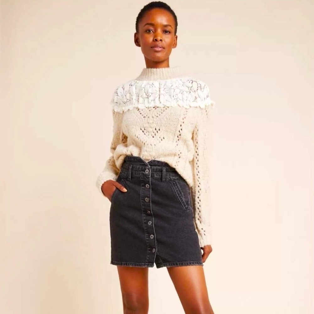 Anthropologie Black Button-Front Denim Mini Skirt
